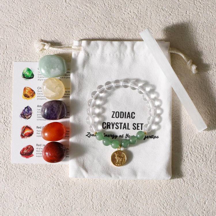 Zodiac Energy – 12 Astrology Healing Stones & Piezoelectric Clear Quartz Bracelet Set