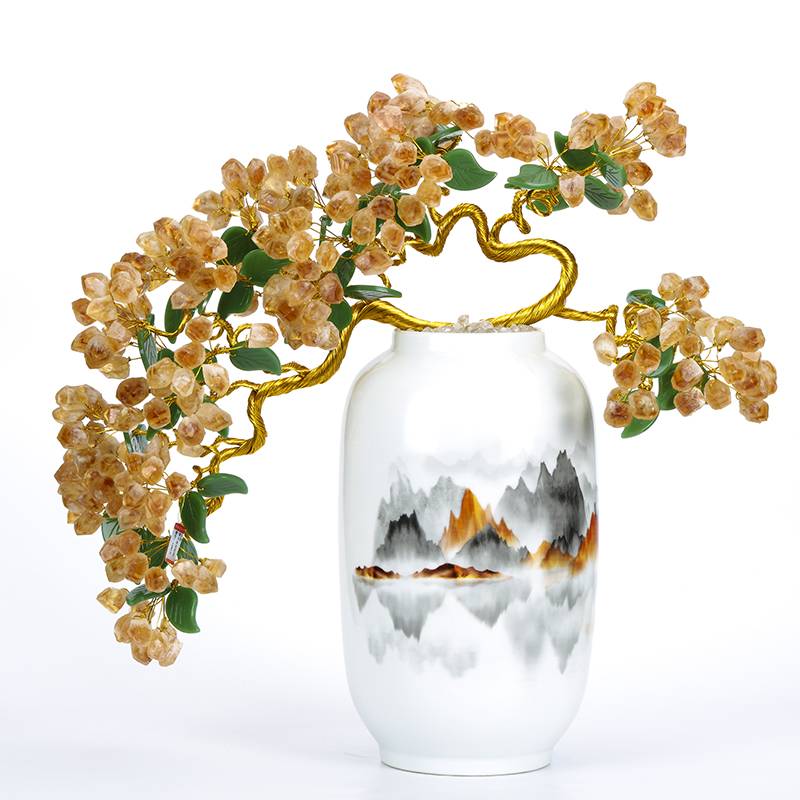 Natural Citrine Crystal Money Tree with Chinese Landscape Porcelain Vase