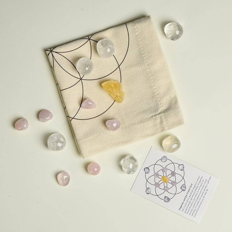 Sacred Energy – Crystal Grid Set with Geometric Cloth (9 Intention Themes)