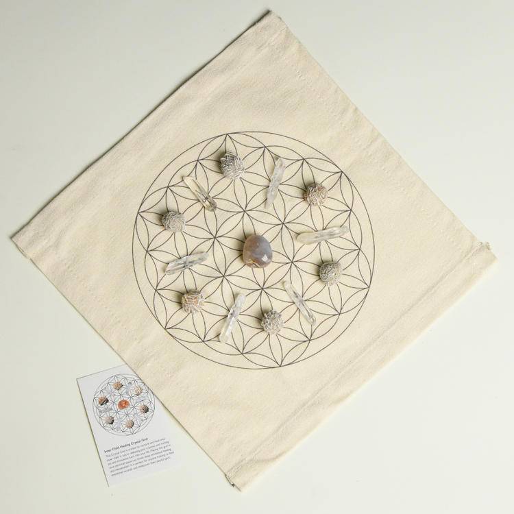 Sacred Energy – Crystal Grid Set with Geometric Cloth (9 Intention Themes)