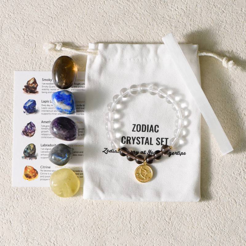 Zodiac Energy – 12 Astrology Healing Stones & Piezoelectric Clear Quartz Bracelet Set