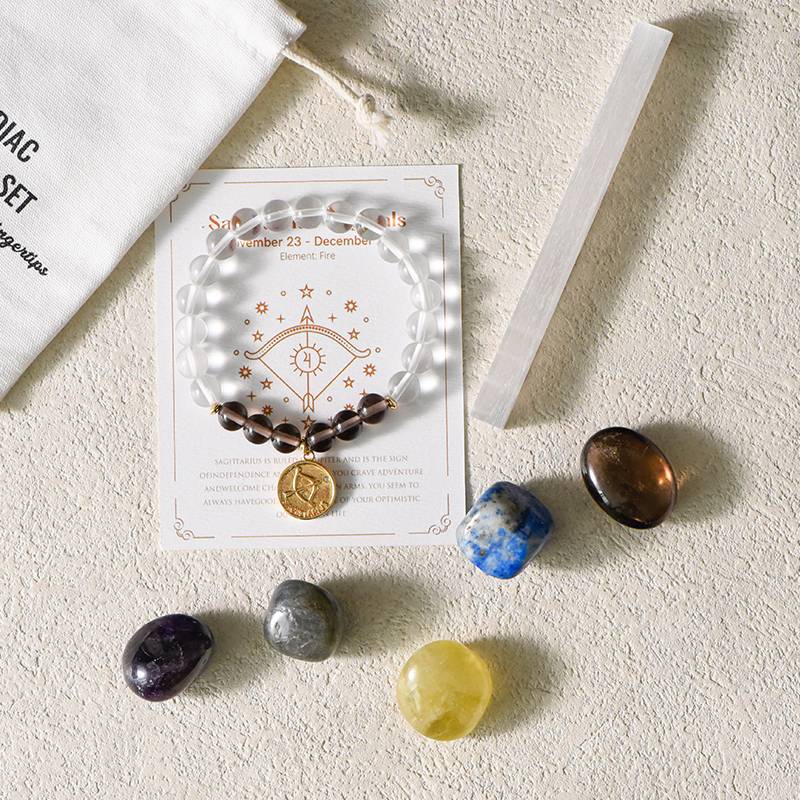 Zodiac Energy – 12 Astrology Healing Stones & Piezoelectric Clear Quartz Bracelet Set