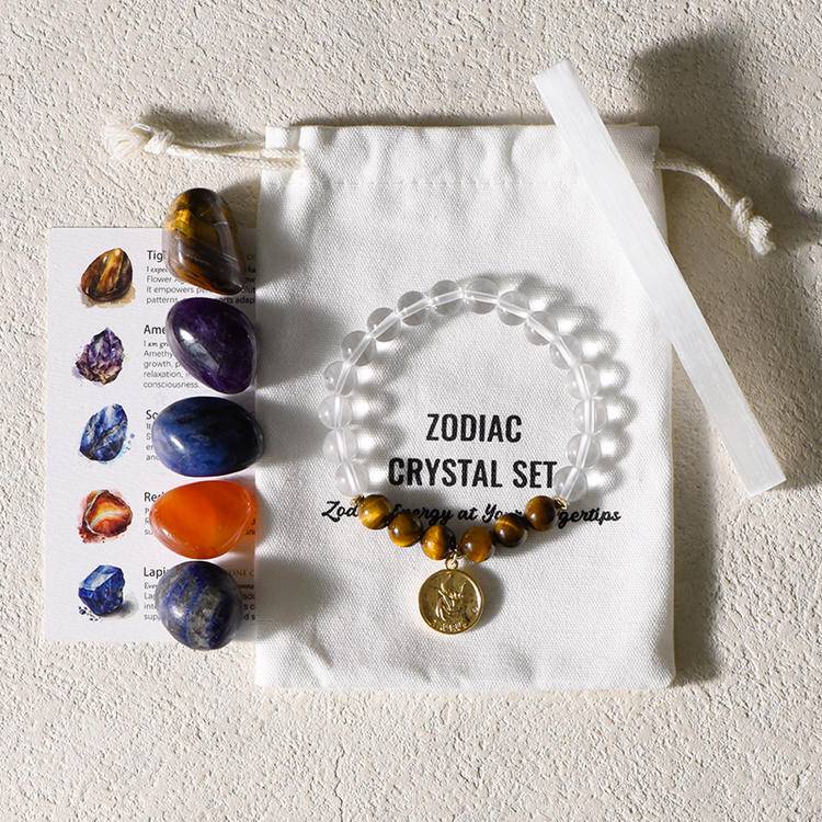 Zodiac Energy – 12 Astrology Healing Stones & Piezoelectric Clear Quartz Bracelet Set