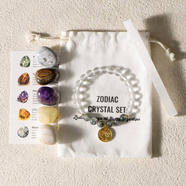 Zodiac Energy – 12 Astrology Healing Stones & Piezoelectric Clear Quartz Bracelet Set
