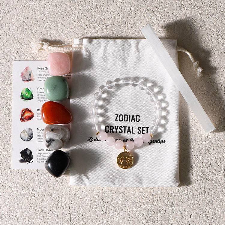 Zodiac Energy – 12 Astrology Healing Stones & Piezoelectric Clear Quartz Bracelet Set