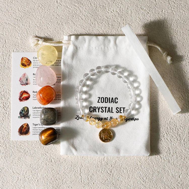 Zodiac Energy – 12 Astrology Healing Stones & Piezoelectric Clear Quartz Bracelet Set