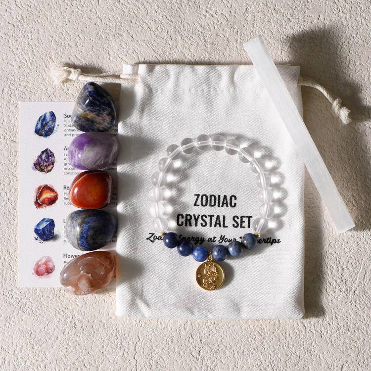 Zodiac Energy – 12 Astrology Healing Stones & Piezoelectric Clear Quartz Bracelet Set