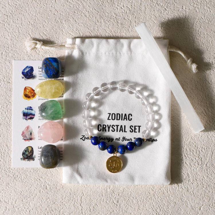 Zodiac Energy – 12 Astrology Healing Stones & Piezoelectric Clear Quartz Bracelet Set