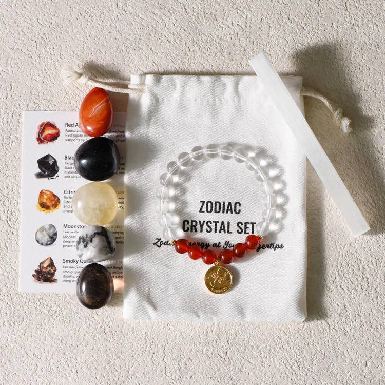 Zodiac Energy – 12 Astrology Healing Stones & Piezoelectric Clear Quartz Bracelet Set
