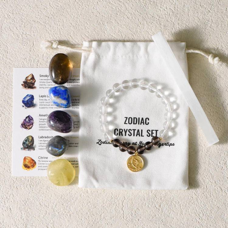Zodiac Energy – 12 Astrology Healing Stones & Piezoelectric Clear Quartz Bracelet Set