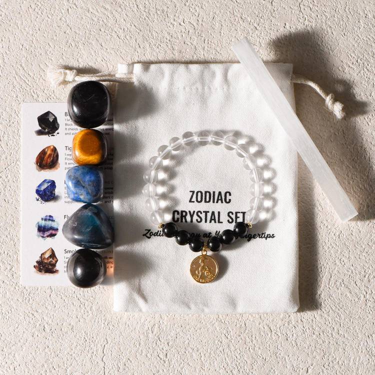 Zodiac Energy – 12 Astrology Healing Stones & Piezoelectric Clear Quartz Bracelet Set
