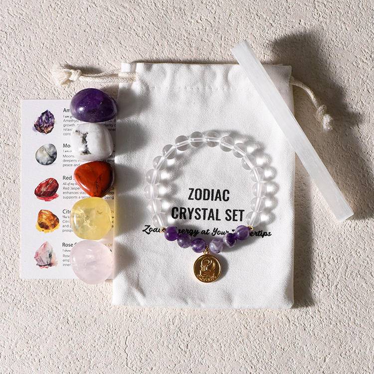 Zodiac Energy – 12 Astrology Healing Stones & Piezoelectric Clear Quartz Bracelet Set