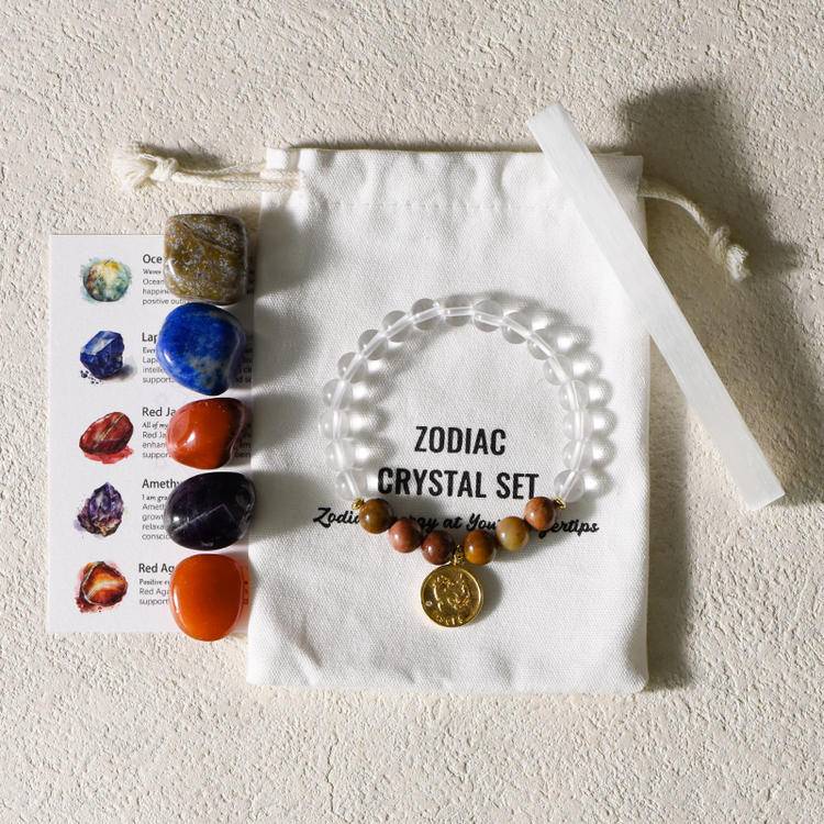 Zodiac Energy – 12 Astrology Healing Stones & Piezoelectric Clear Quartz Bracelet Set