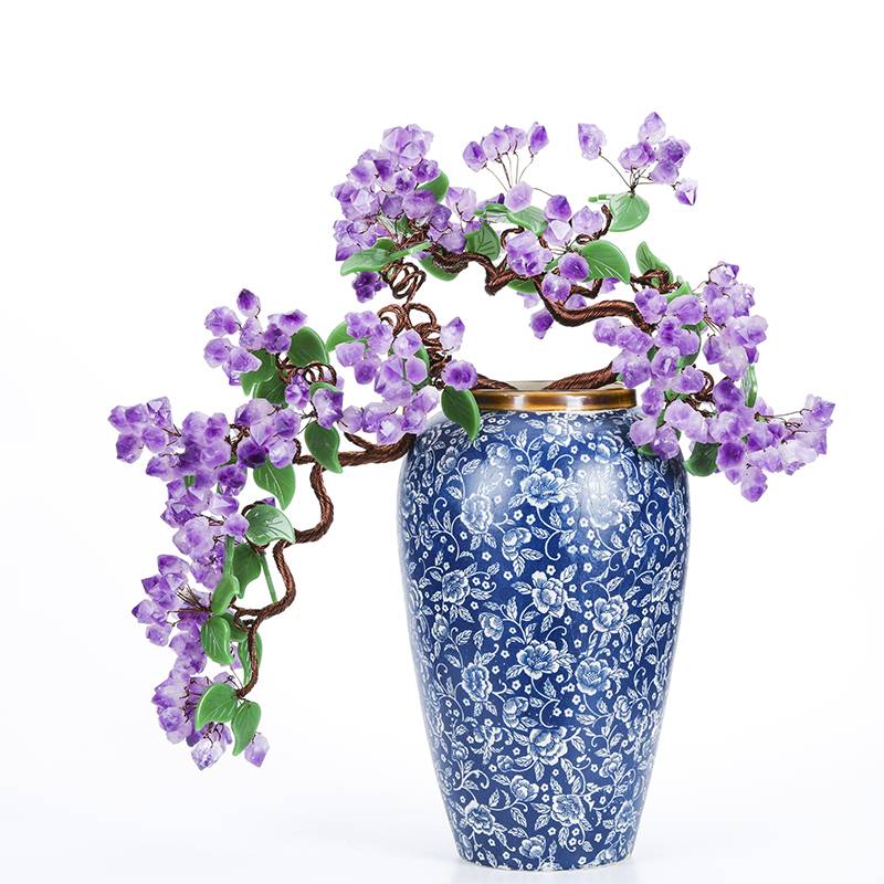 Natural Amethyst Crystal Money Tree with Blue Floral Porcelain Vase
