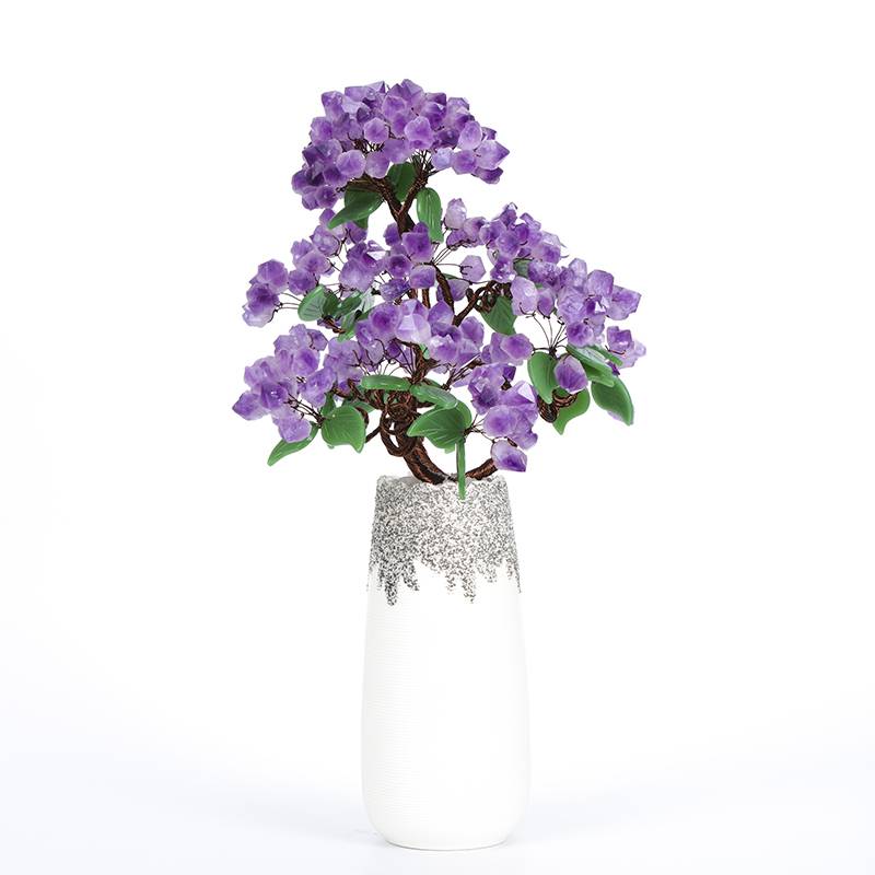 Natural Amethyst Crystal Money Tree with White Porcelain Vase