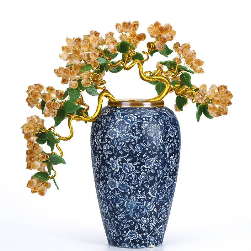 Natural Citrine Crystal Money Tree with Blue Floral Porcelain Vase