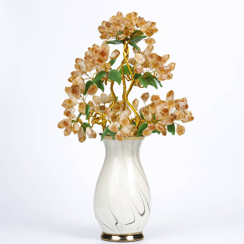 Natural Citrine Crystal Money Tree with Elegant Porcelain Vase