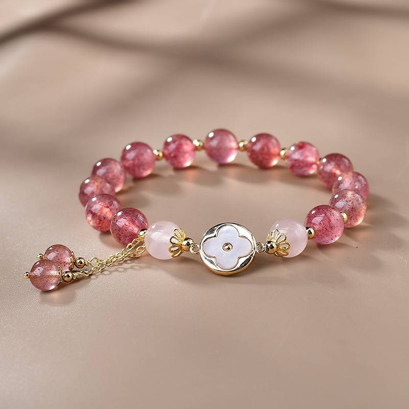 Lucky Love Strawberry Quartz & Clover Charm Bracelet