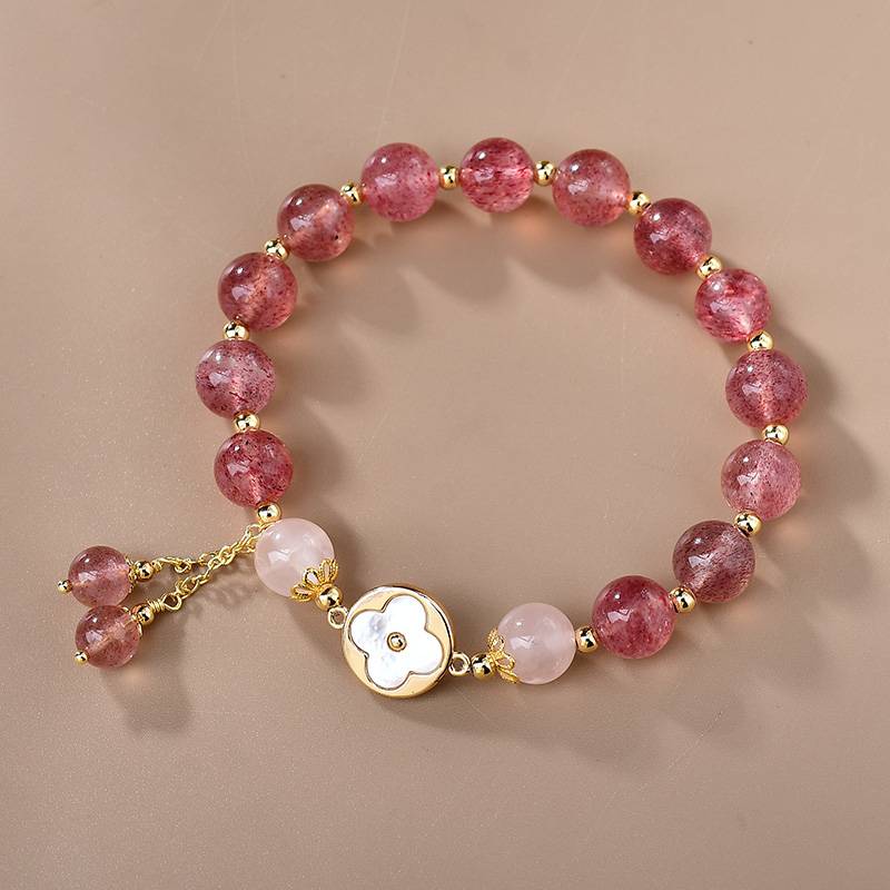 Lucky Love Strawberry Quartz & Clover Charm Bracelet