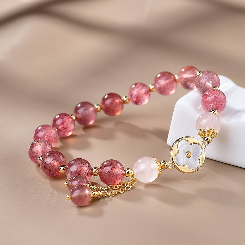 Lucky Love Strawberry Quartz & Clover Charm Bracelet
