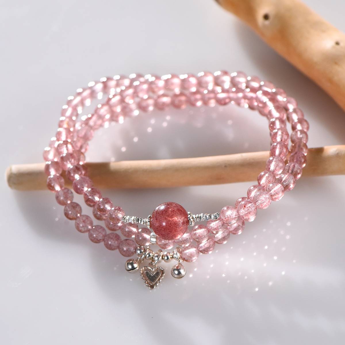 Pure Love Strawberry Quartz & Sterling Silver Heart Bracelet