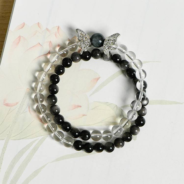 Butterfly Awakening Silver Obsidian & Crystal Transformation Bracelet