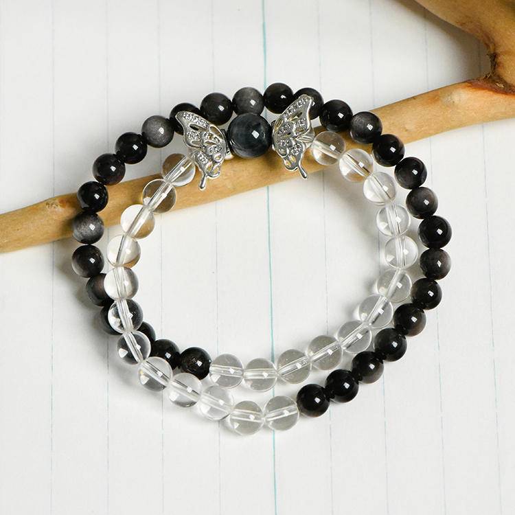 Butterfly Awakening Silver Obsidian & Crystal Transformation Bracelet