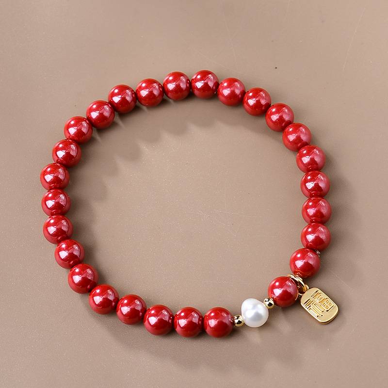 Fortune Blessing Cinnabar & Pearl Fu Charm Bracelet