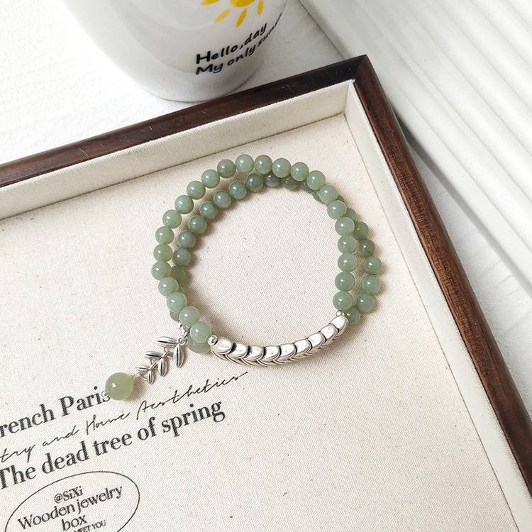Clear Waters Hetian Jade Silver Peace Double Bracelet