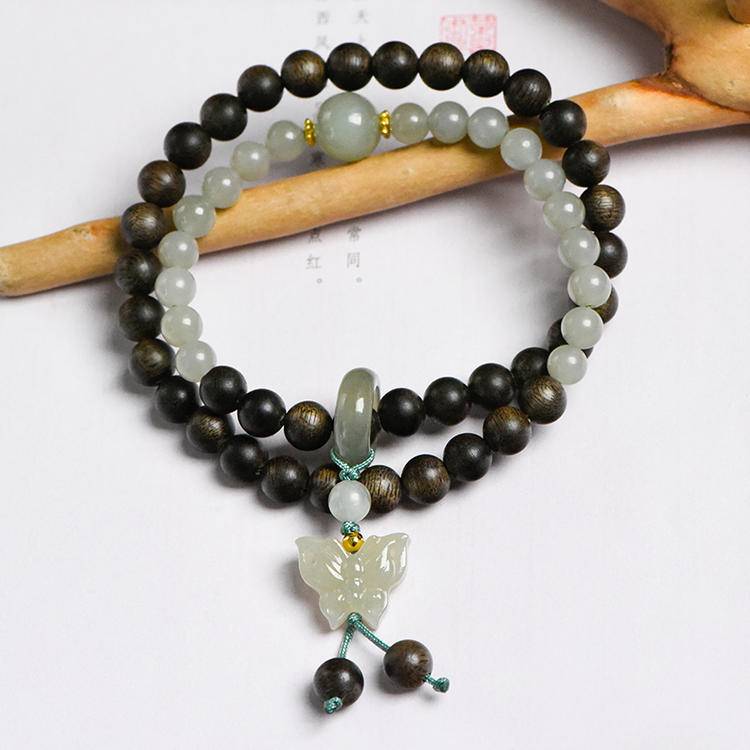 Sacred Wisdom Hetian Jade Agarwood Double Bracelet