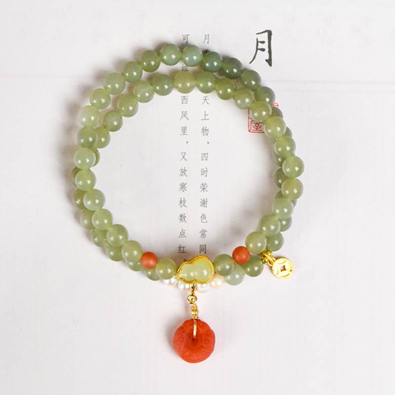 Natural Harmony Hetian Jade Pearl Double Bracelet