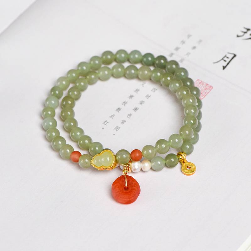 Natural Harmony Hetian Jade Pearl Double Bracelet