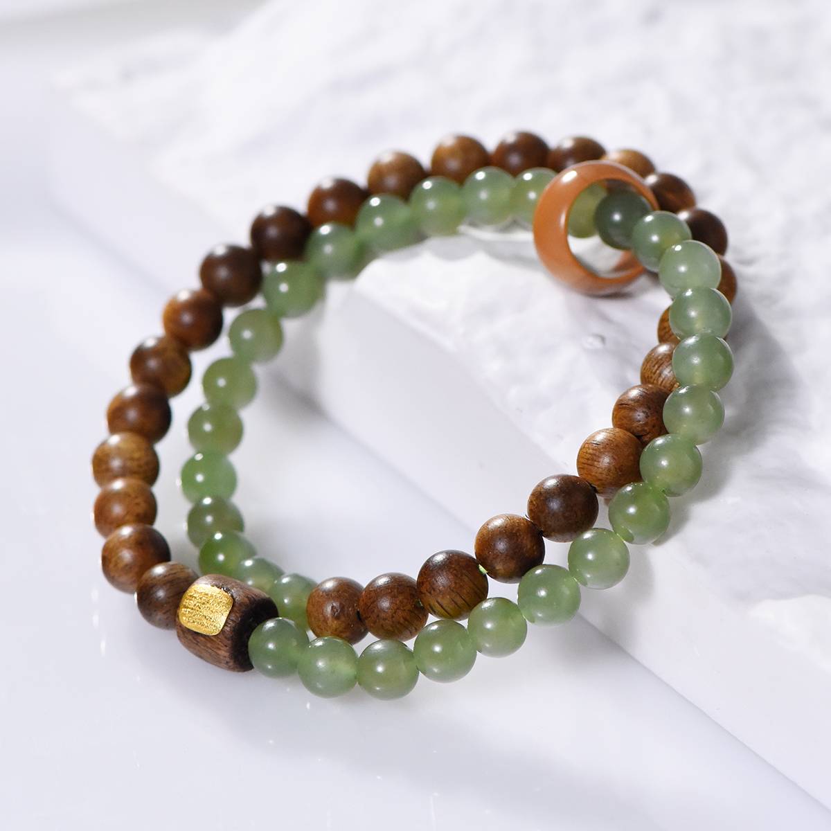 Earth Wisdom Green Hetian Jade Agarwood Double Bracelet