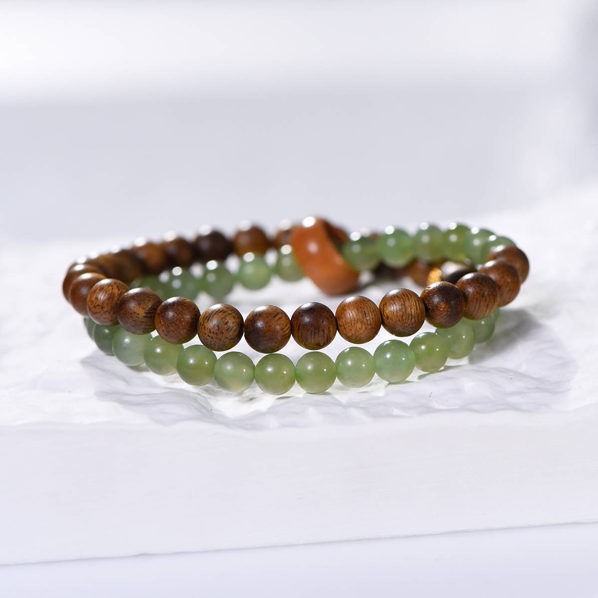 Earth Wisdom Green Hetian Jade Agarwood Double Bracelet