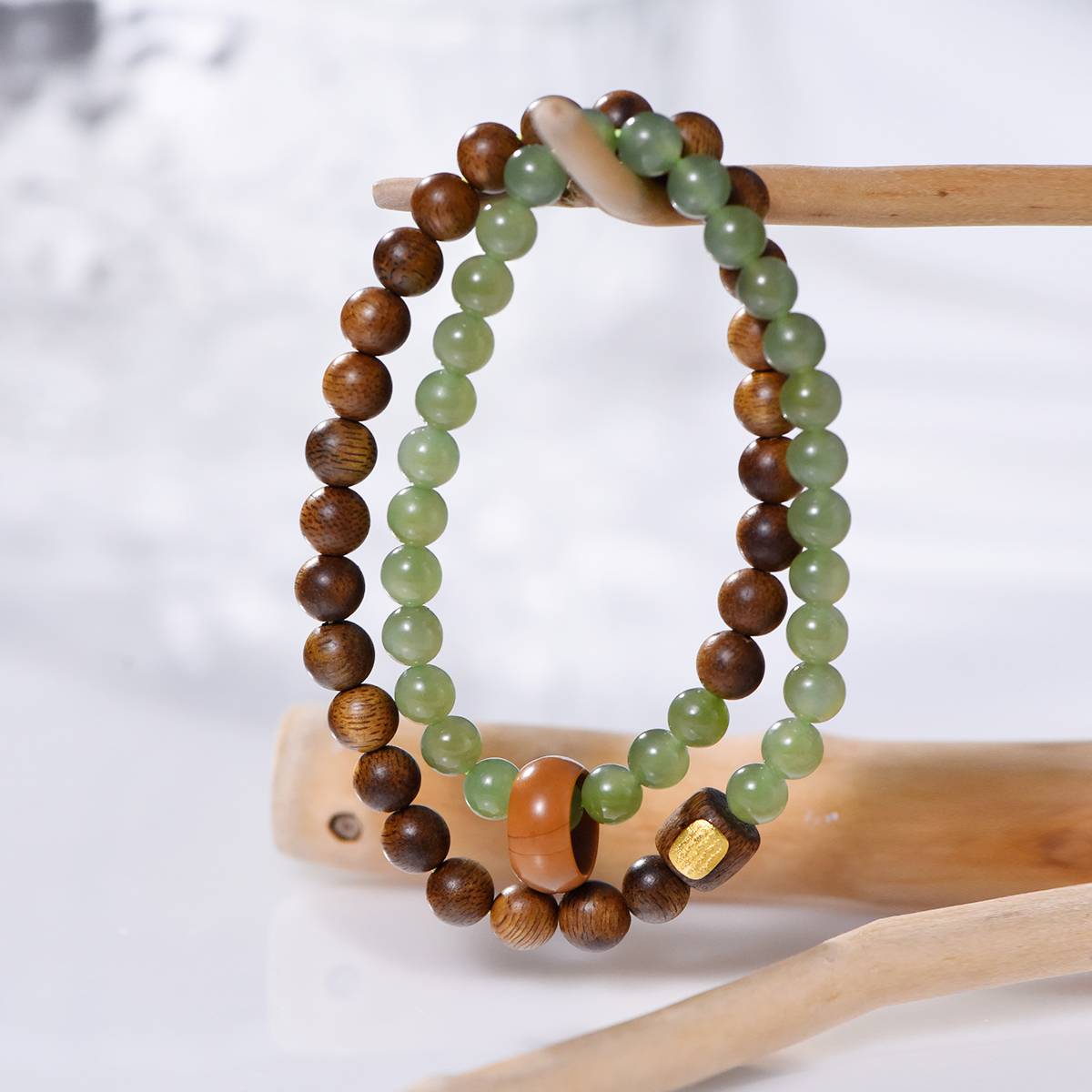 Earth Wisdom Green Hetian Jade Agarwood Double Bracelet