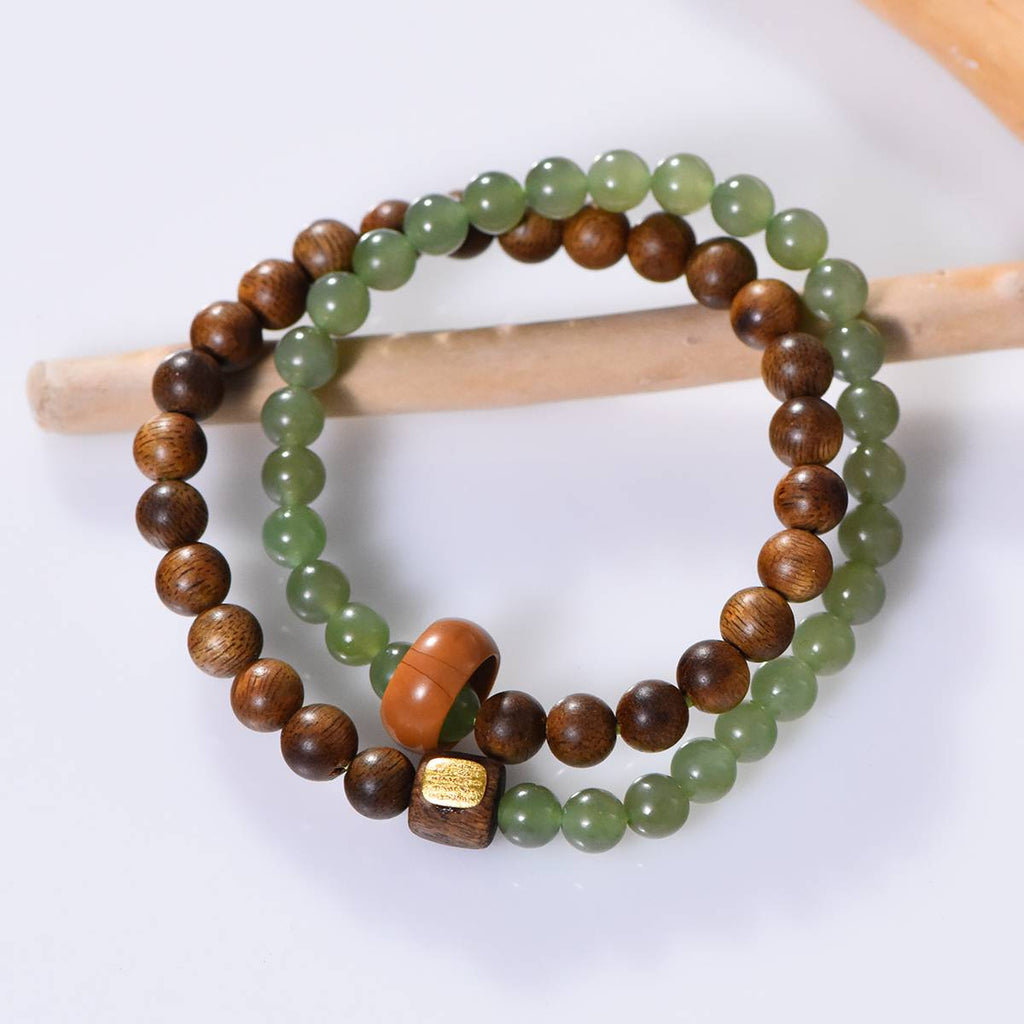 Earth Wisdom Green Hetian Jade Agarwood Double Bracelet