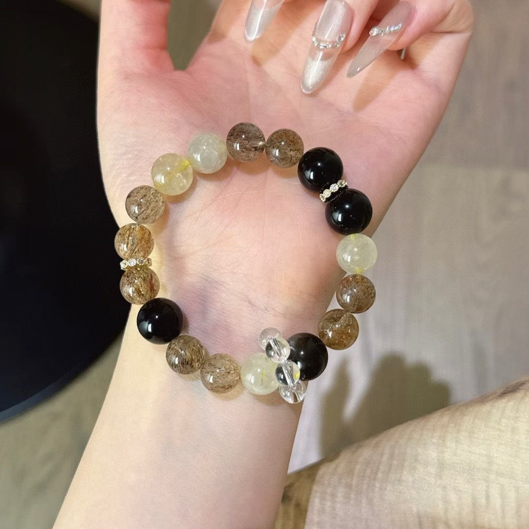Inner Power - Silver Obsidian & Black Gold Super Quartz Bracelet