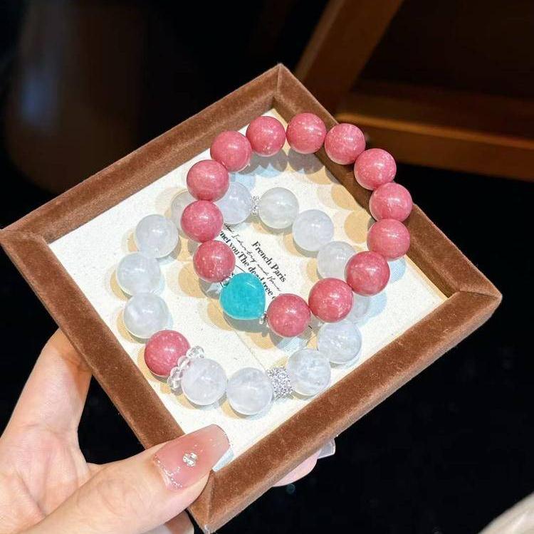 Rhodochrosite and snow phantom quartz layered bracelet set for love, healing, and balance.