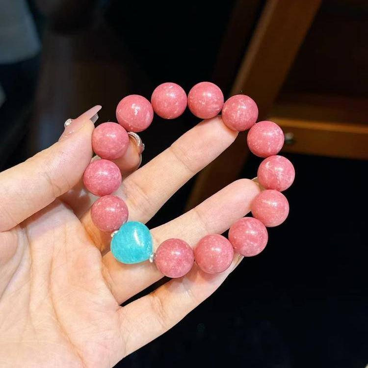 Rhodochrosite and snow phantom quartz multi-layer bracelet set for balance and emotional well-being.
