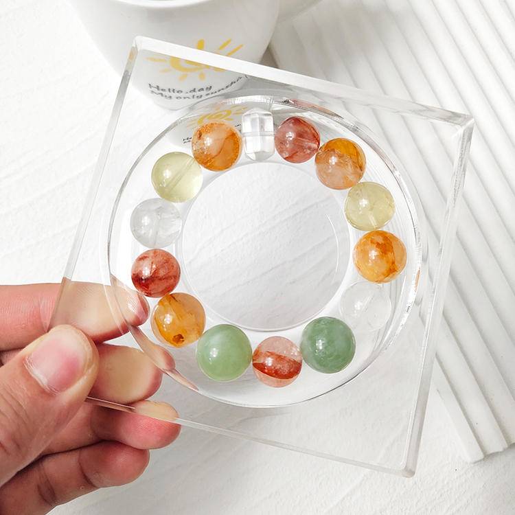 Citrine, yellow jade flower, fluorite, red jade flower, snow phantom quartz, and clear quartz multi-gemstone bracelet, designed to enhance healing, balance, and positive energy.
