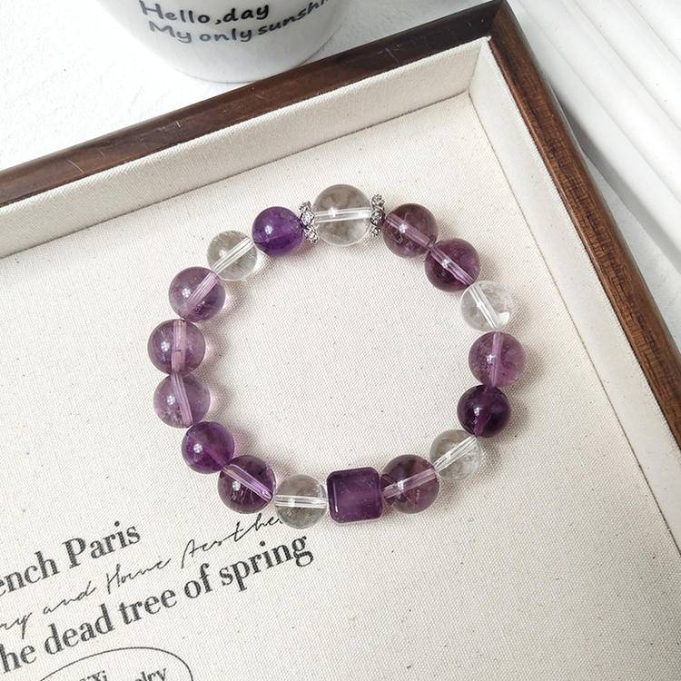 Healing multi-gemstone bracelet featuring purple apatite, amethyst, and clear quartz for emotional well-being and energy balance.
