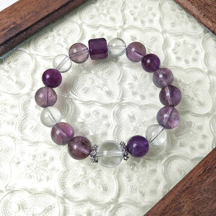 Healing bracelet featuring purple apatite, amethyst, and clear quartz for energy, balance, and emotional well-being.
